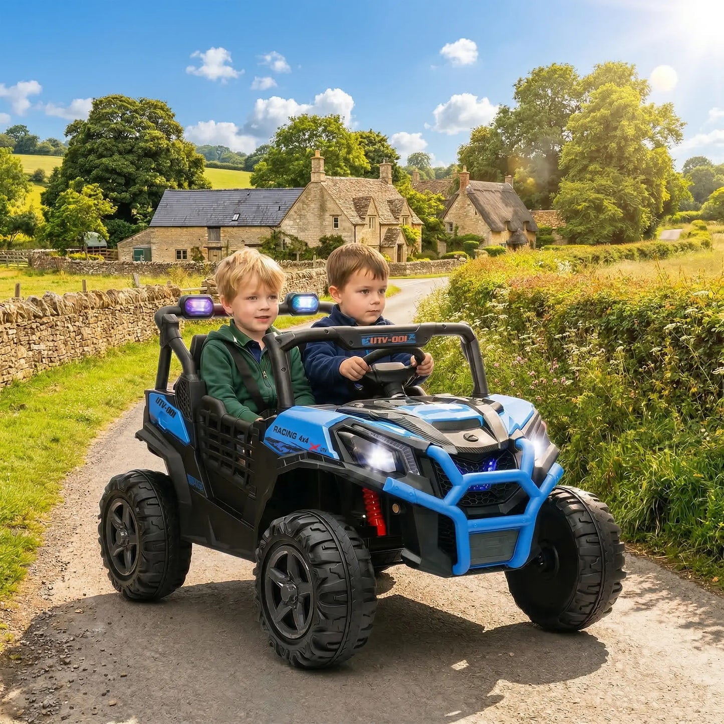 2 Seater 24V Electric Car for Kids, Remote Control, 3 Speed, LED Lights, Music, Horn, Spring Suspension, Blue Electric Toy Cars at Gallery Canada