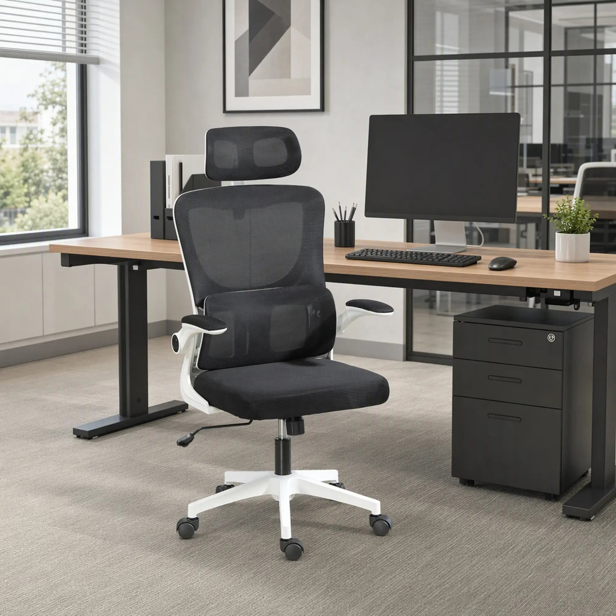 Mesh Office Chair, High Back with Headrest, Lumbar Support, Adjustable Height, Black Executive & Manager Chairs at Gallery Canada