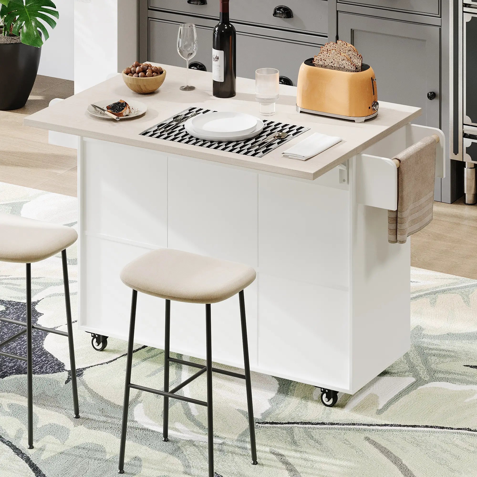 Kitchen Island with Tilt-Out Trash Cabinet, Adjustable Shelf, 51