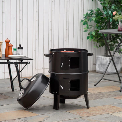 3-In-1 Vertical Charcoal BBQ Smoker, 16" Round Grill With Thermometer, Black Charcoal BBQ Grils at Gallery Canada