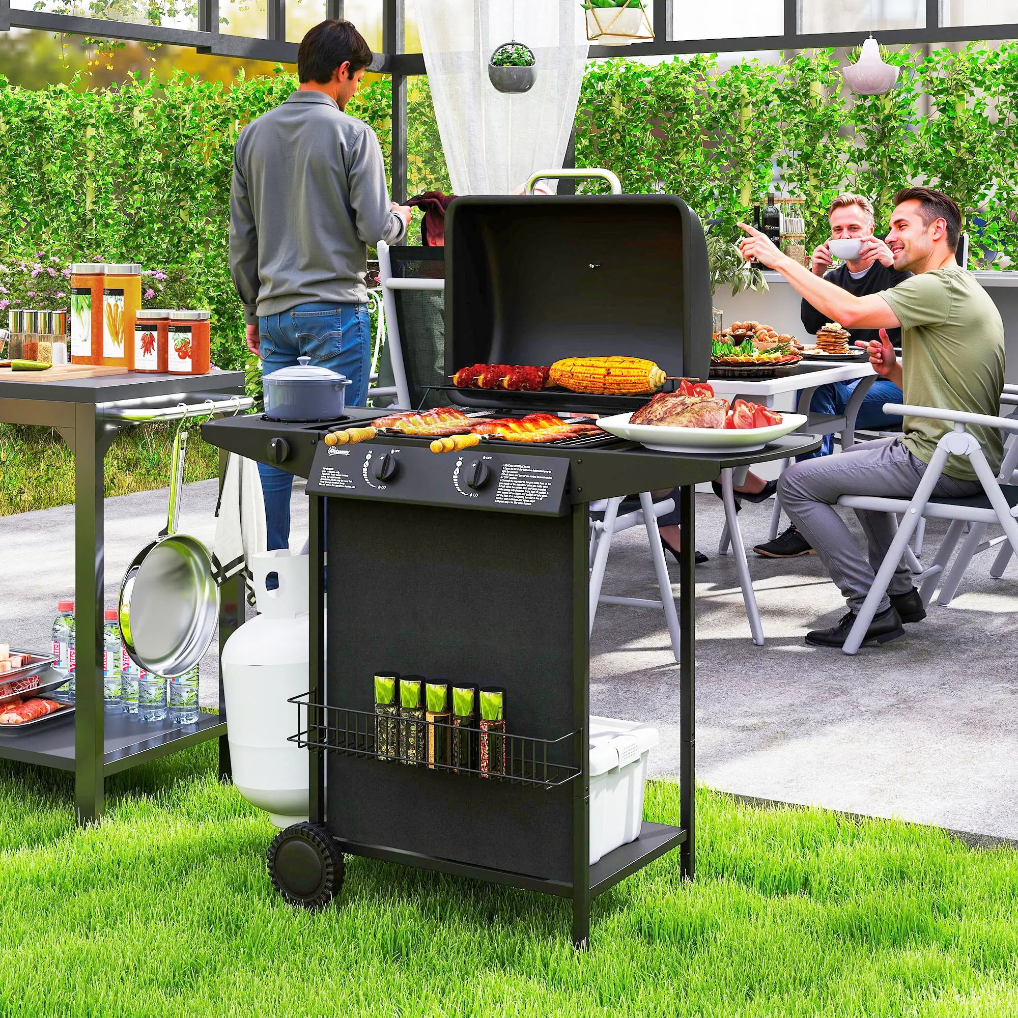2+1 Burner Propane Gas BBQ Grill, Portable With Side Burner, Thermometer, Black Propane Gas Grills at Gallery Canada