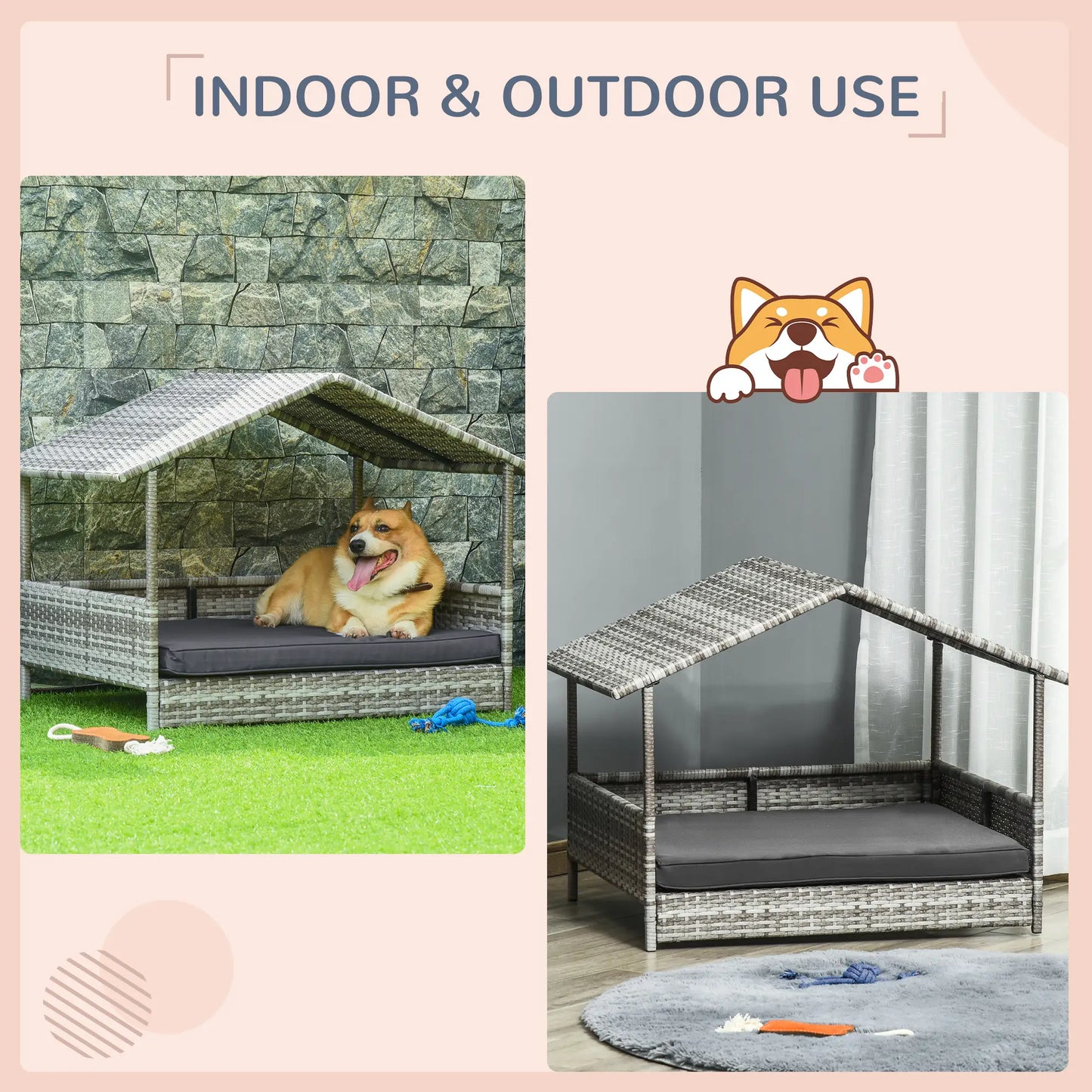 Wicker Pet House Dog Bed for Indoor/Outdoor Rattan Furniture with Cushion Houses, Kennels & Pens at Gallery Canada