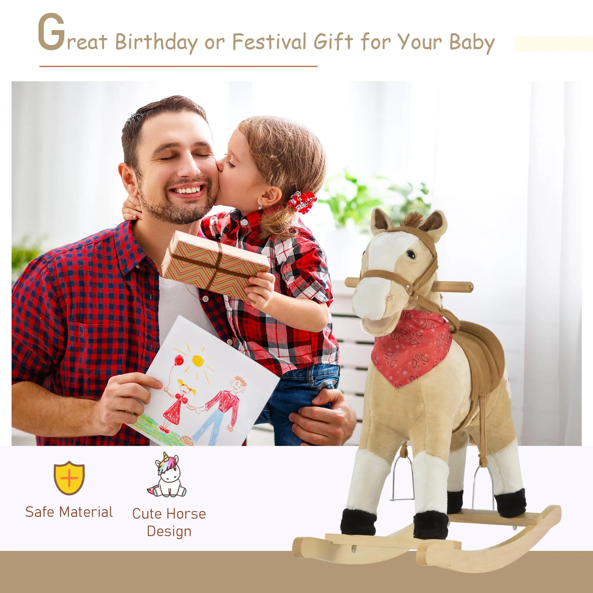 Kids Plush Ride-On Rocking Horse, Realistic Sounds, 3-6 Years, Beige Rocking Horses at Gallery Canada