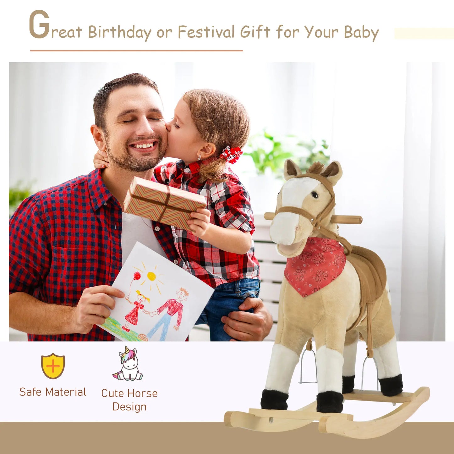Kids Plush Ride-On Rocking Horse, Realistic Sounds, 3-6 Years, Beige Rocking Horses at Gallery Canada