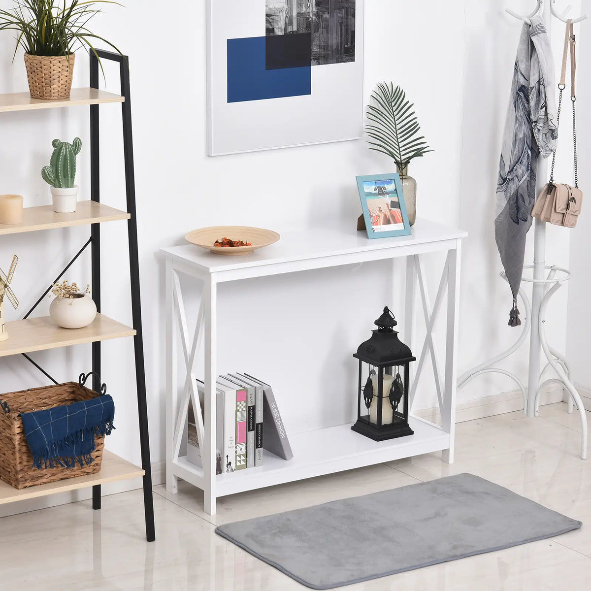 2 Tier X-Design Console Table, Storage Shelf, 24.8 Inch, White Console Tables at Gallery Canada