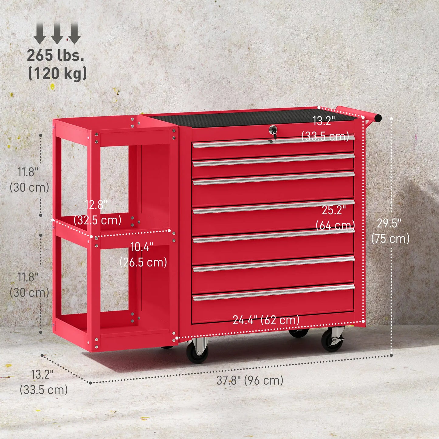 Coffre à outils roulant à 7 tiroirs, armoire verrouillable avec étagère latérale, rouge