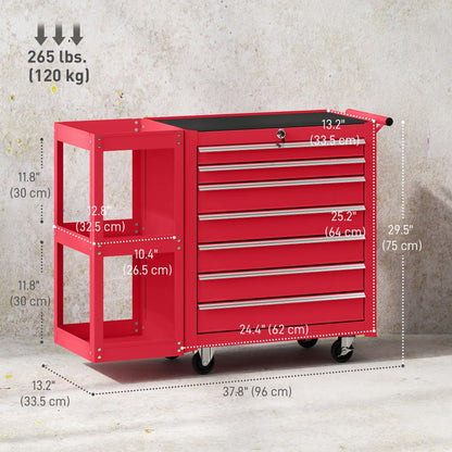 Coffre à outils roulant à 7 tiroirs, armoire verrouillable avec étagère latérale, rouge