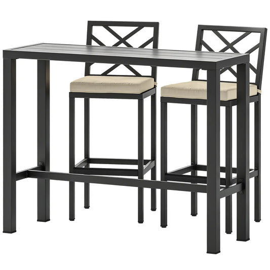 3 Piece Patio Bar Set, Outdoor Bar Table and Stools, Electrophoresis Steel Tabletop, X Back, Footrest, Cushions, Khaki