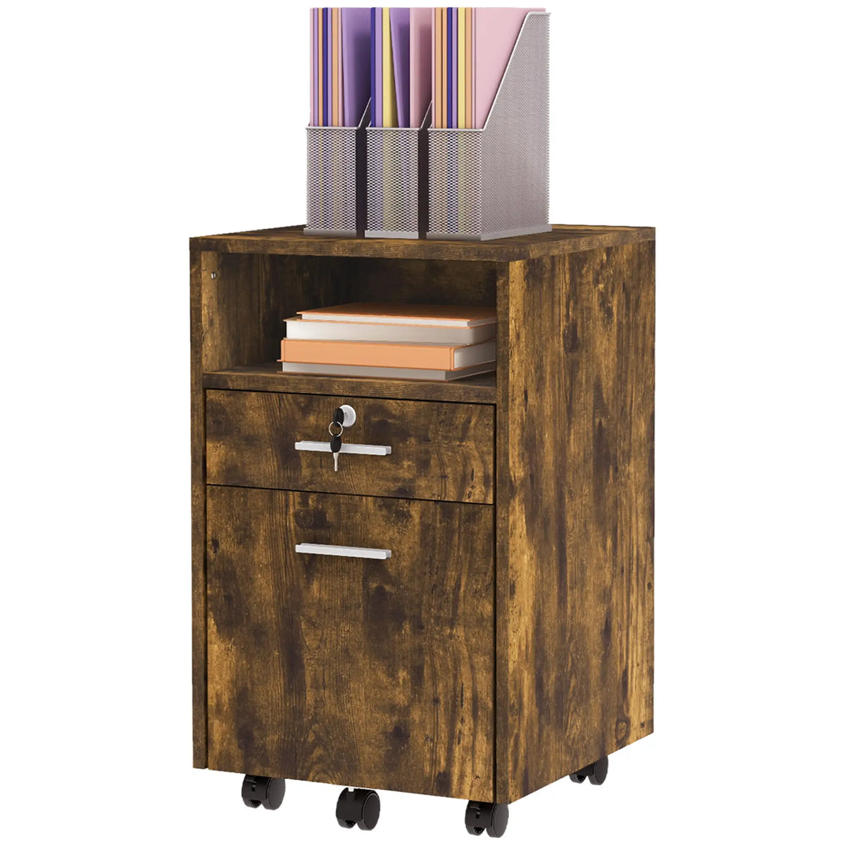 Small 2-Drawer Filing Cabinet, Lockable, on Wheels, Rustic Brown Office Cabinets & Cupboards at Gallery Canada
