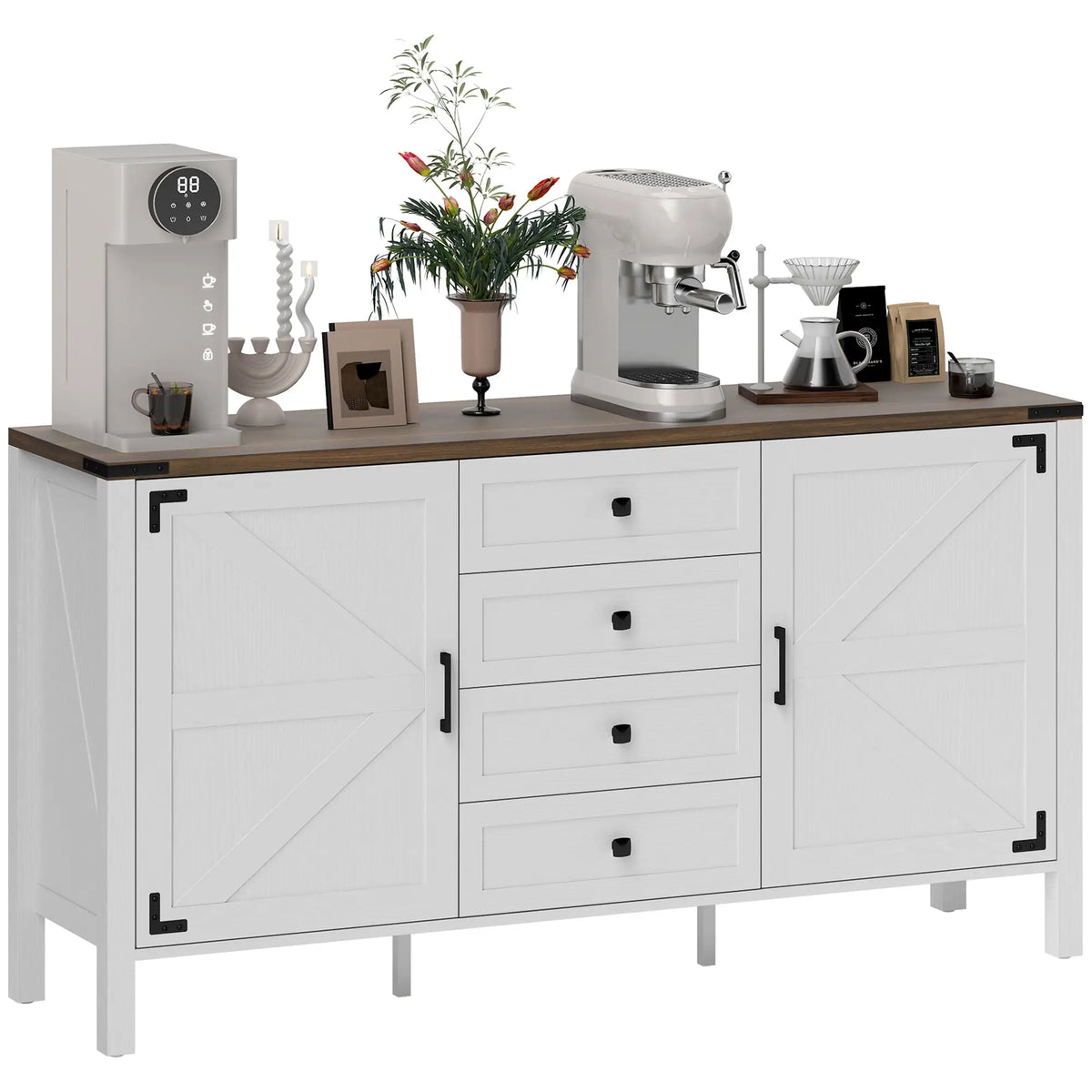 59" Buffet Cabinet, Farmhouse Sideboard, 2 Barn Doors, 4 Drawers, White Storage Cabinets at Gallery Canada