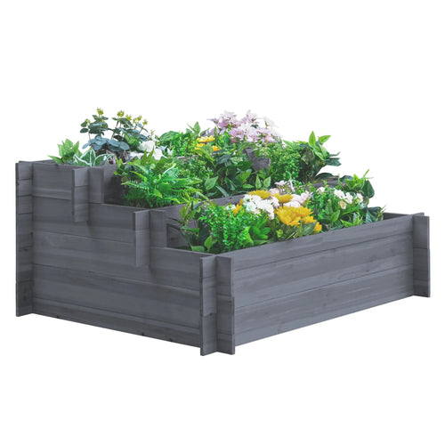 3-Tier Wood Raised Garden Bed, Elevated Planting Box, Gray