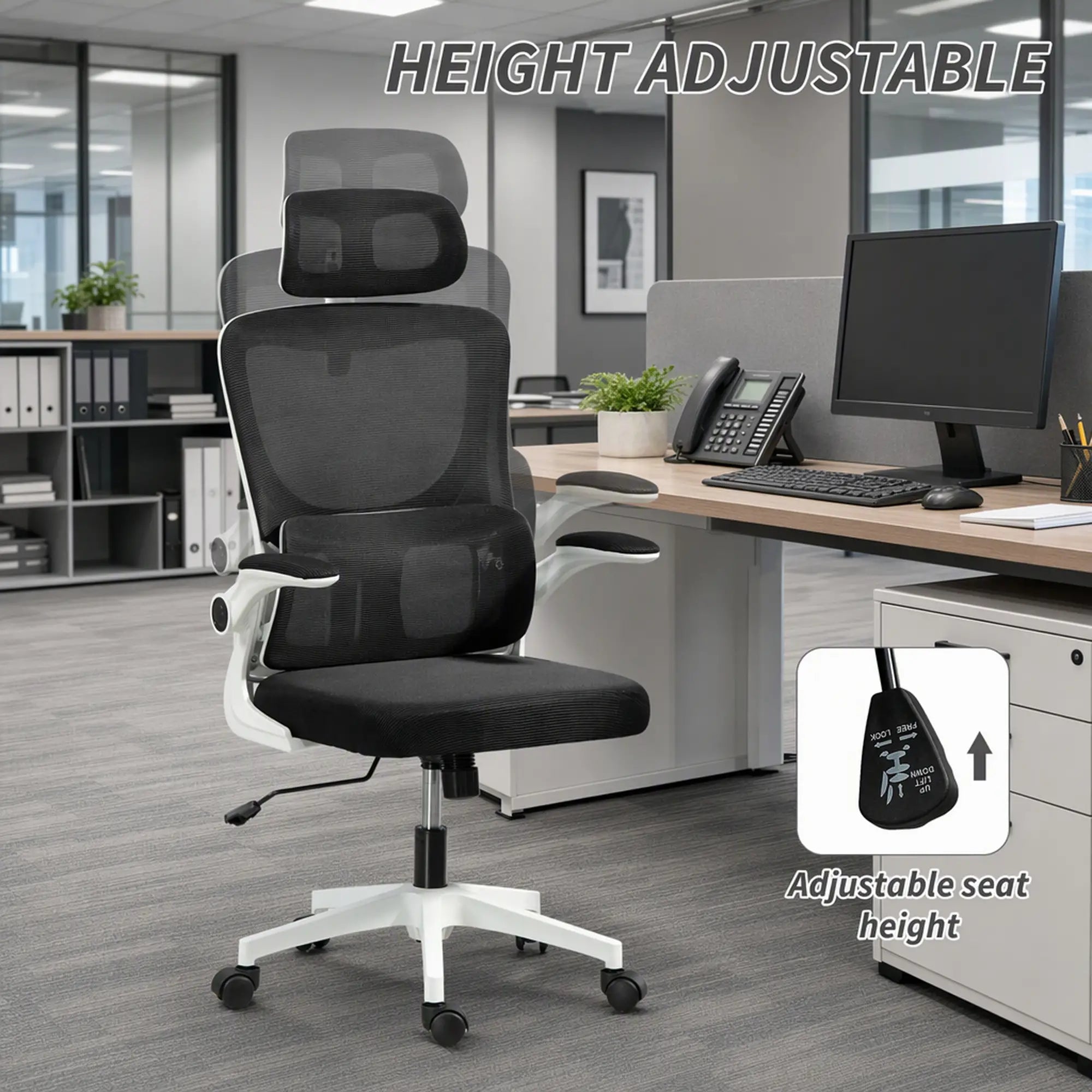 Mesh Office Chair, High Back with Headrest, Lumbar Support, Adjustable Height, Black Executive & Manager Chairs at Gallery Canada