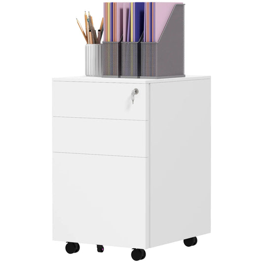 3-Drawer Steel Filing Cabinet on Wheels, Lockable, Adjustable Hanging Bar, White Office Cabinets & Cupboards White at Gallery Canada