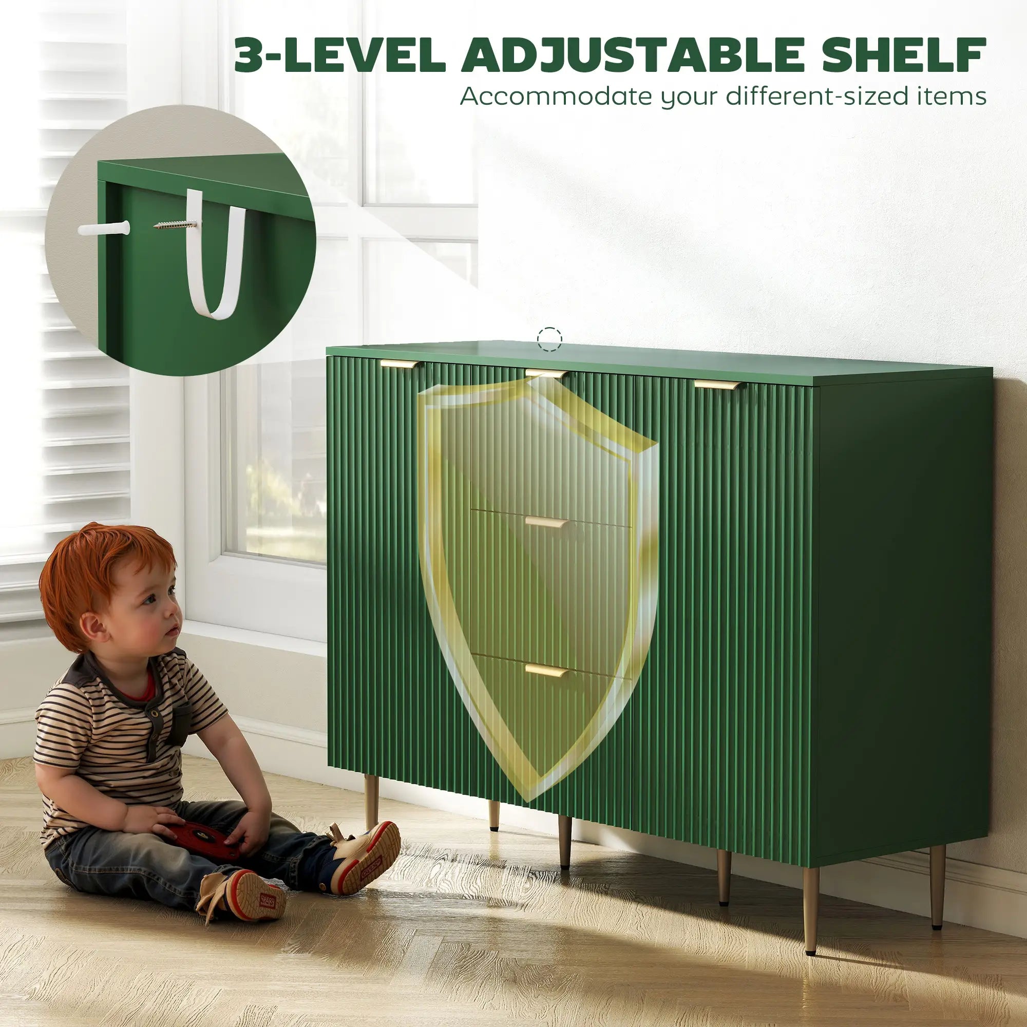 Modern Kitchen Storage Cabinet, Sideboard Buffet, 3 Drawers, Adjustable Shelves, Green Bar Cabinets at Gallery Canada