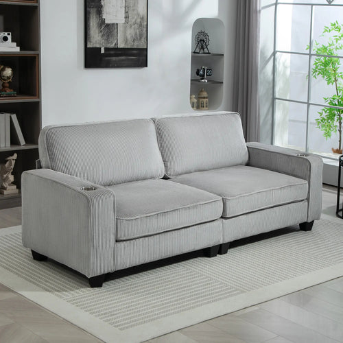 Three Seater Sofa, Fabric Couch with Spring Cushion, Cup Holders, Light Grey