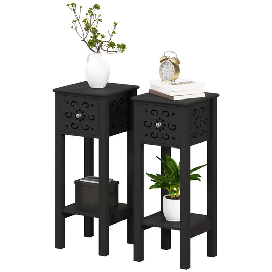 Nightstand Set of 2, Drawer, Open Shelf, Black Side Tables Black at Gallery Canada