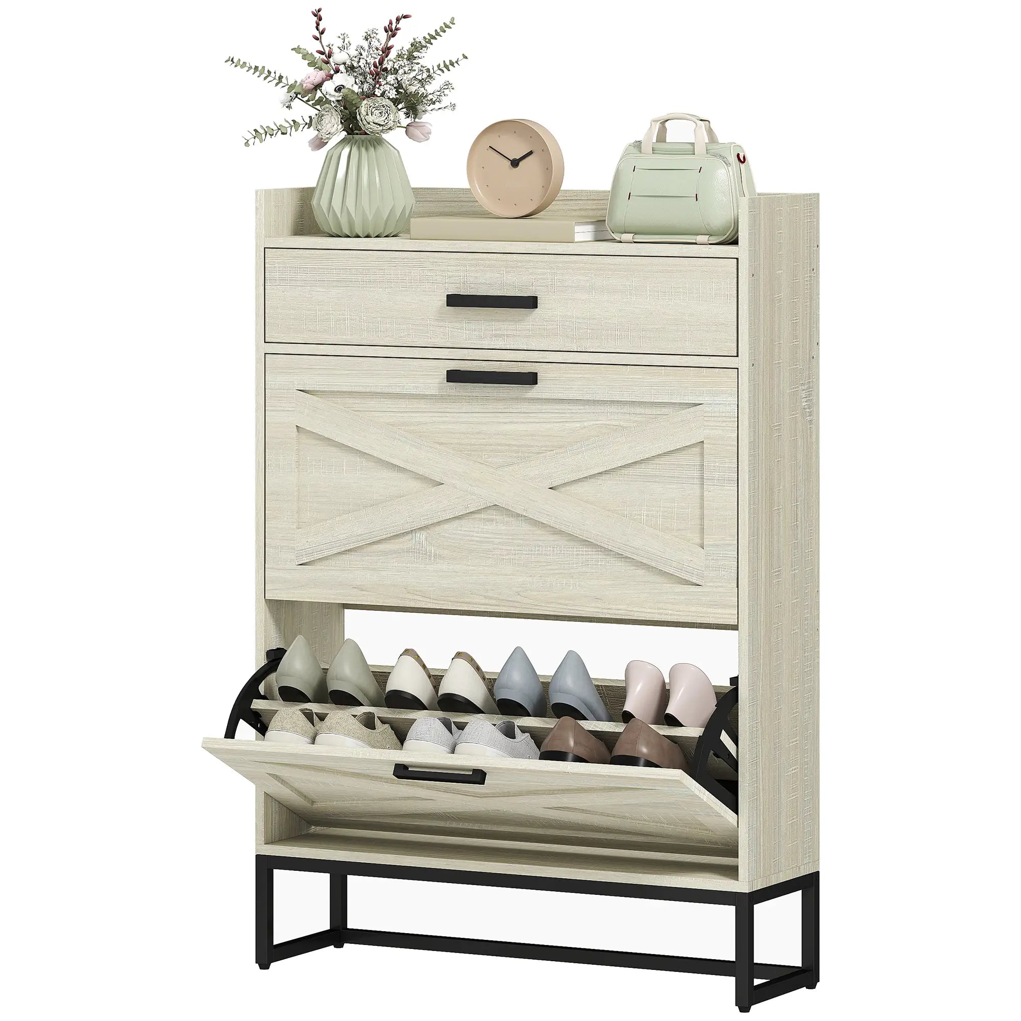 Slim Shoe Storage, 2 Flip Drawers, Adjustable Shelves, 12 Pair, Distressed, White Shoe Storage Cabinets & Racks Distressed White at Gallery Canada