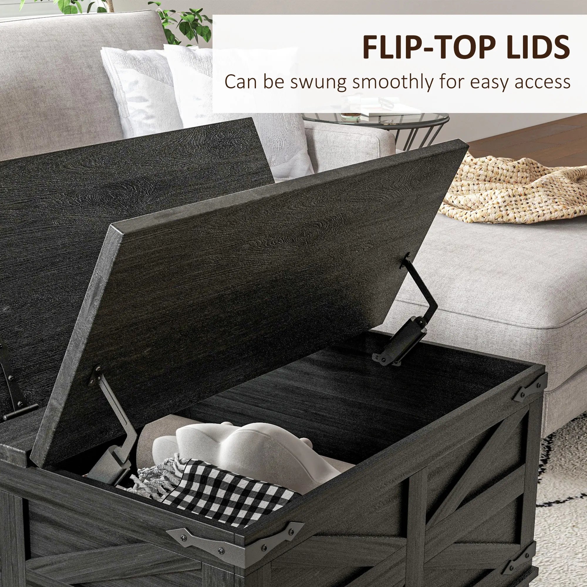 Farmhouse Coffee Table, Square Flip-Top Lid, Hidden Storage, Black Coffee Tables at Gallery Canada