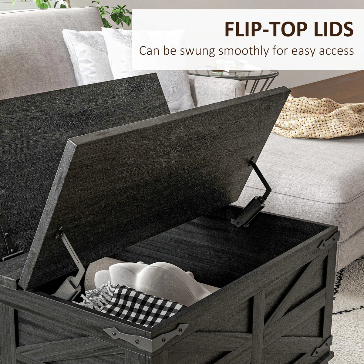 Farmhouse Coffee Table, Square Flip-Top Lid, Hidden Storage, Black Coffee Tables at Gallery Canada