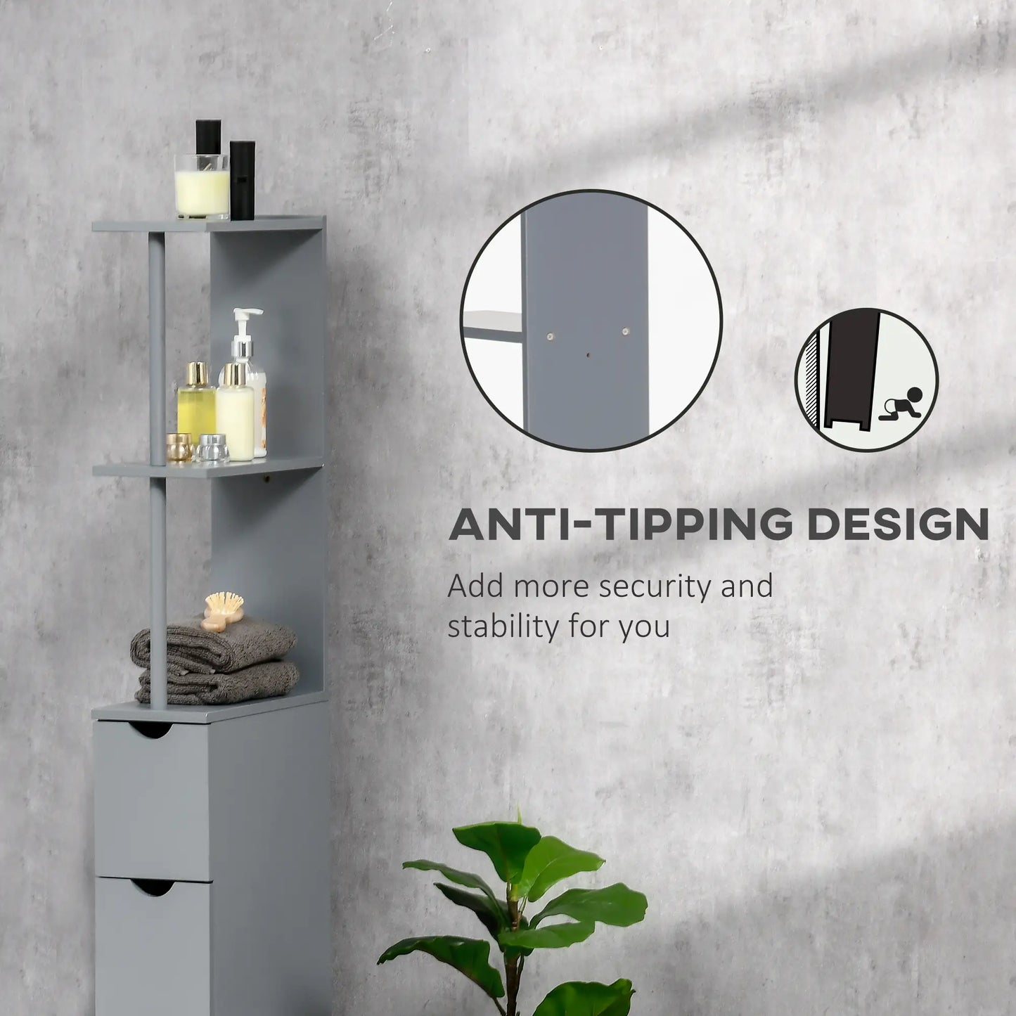 Tall Narrow Bathroom Storage Cabinet with Drawers, Open Shelves, Grey Bathroom Cabinets at Gallery Canada