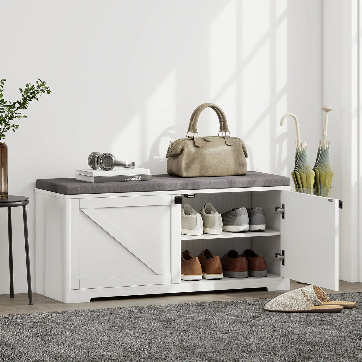 Shoe Storage Bench with Padded Seat, 8 Pairs, White Wood Grain, White Shoe Storage Cabinets & Racks at Gallery Canada