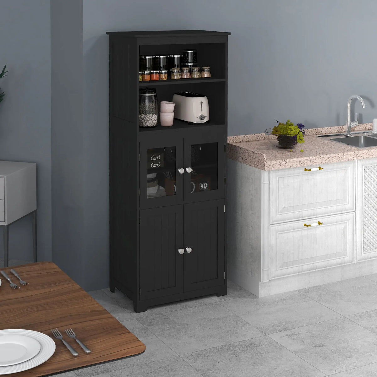63" Small Buffet with Hutch, 4-Door Kitchen Pantry Cabinet, Black Kitchen Pantry Cabinets at Gallery Canada