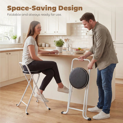 Foldable Bar Stools Set Of 2, PU Cushioned Seat, Footrest, Black