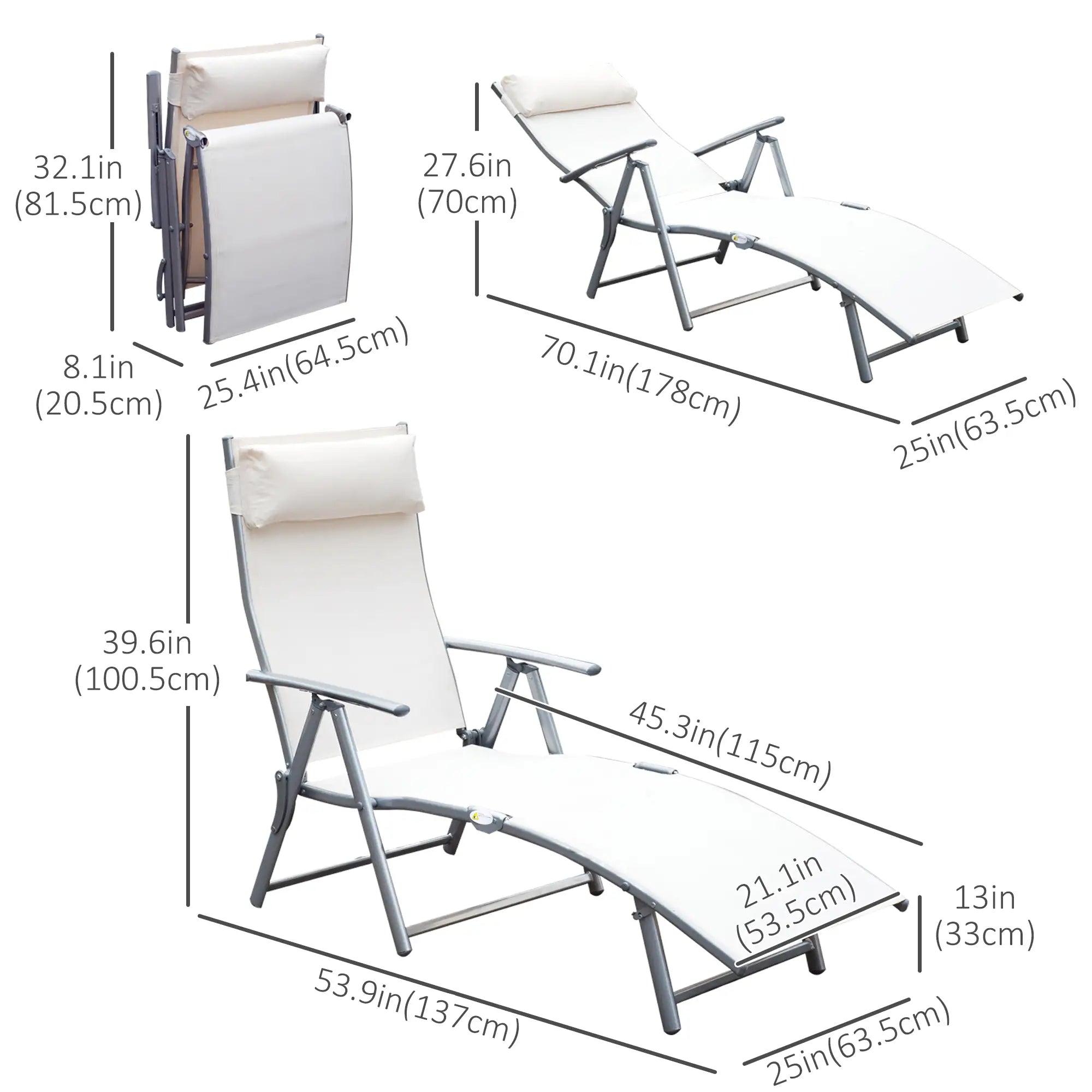 Heavy Duty Adjustable Folding Chair, Outdoor Sun Lounger, 7 Positions, Cream Lounger Chairs at Gallery Canada