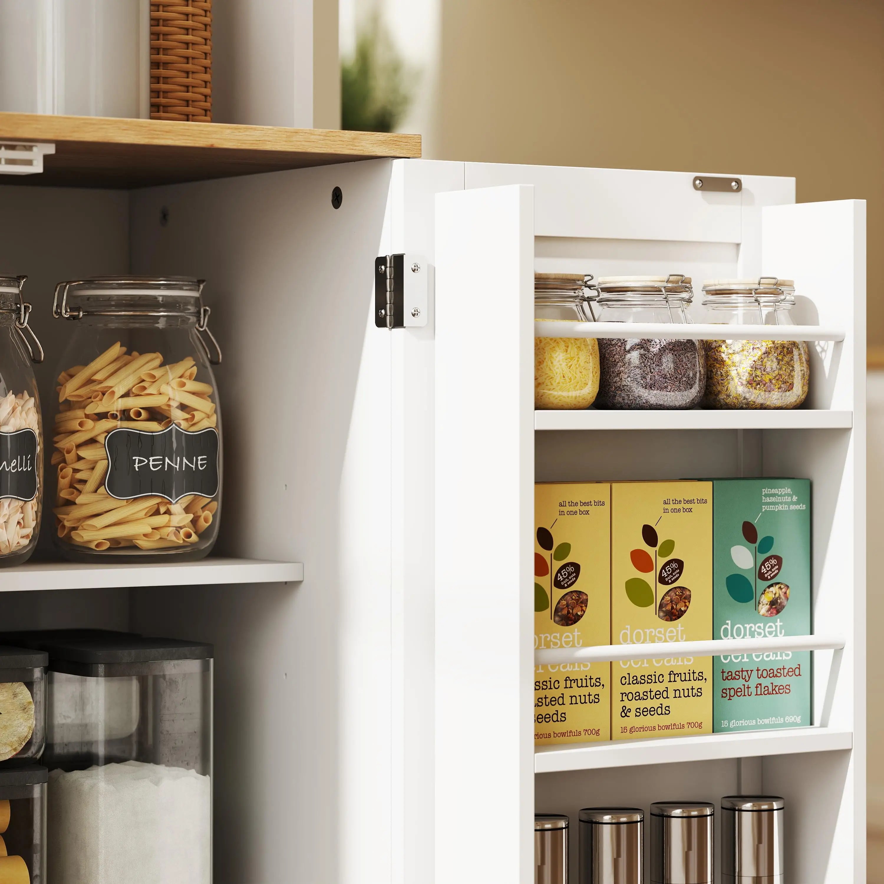68 Inch Pantry Cabinet with Charging Station, Microwave Stand, 4 Door Racks, White Kitchen Pantry Cabinets at Gallery Canada