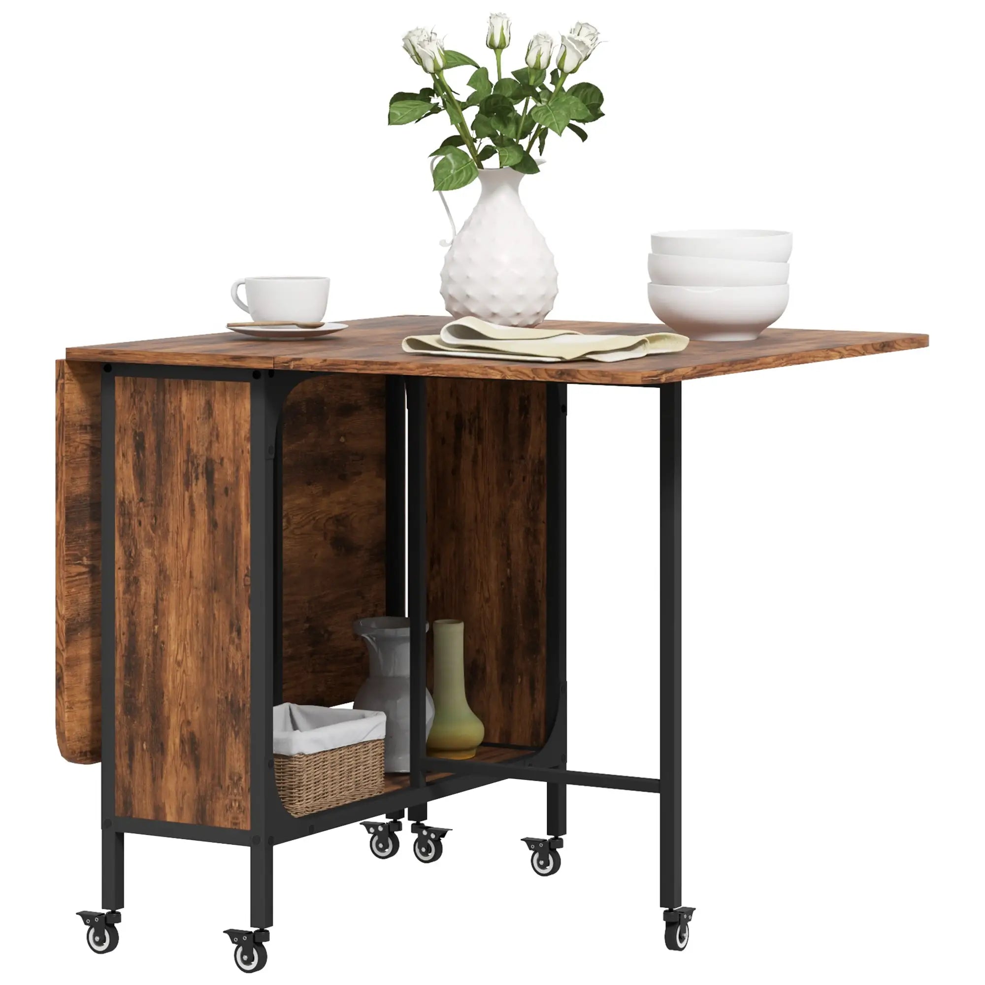Folding Dining Table, Extendable Kitchen Table, Rustic Brown, 6 Wheels, Brown Dining Tables at Gallery Canada
