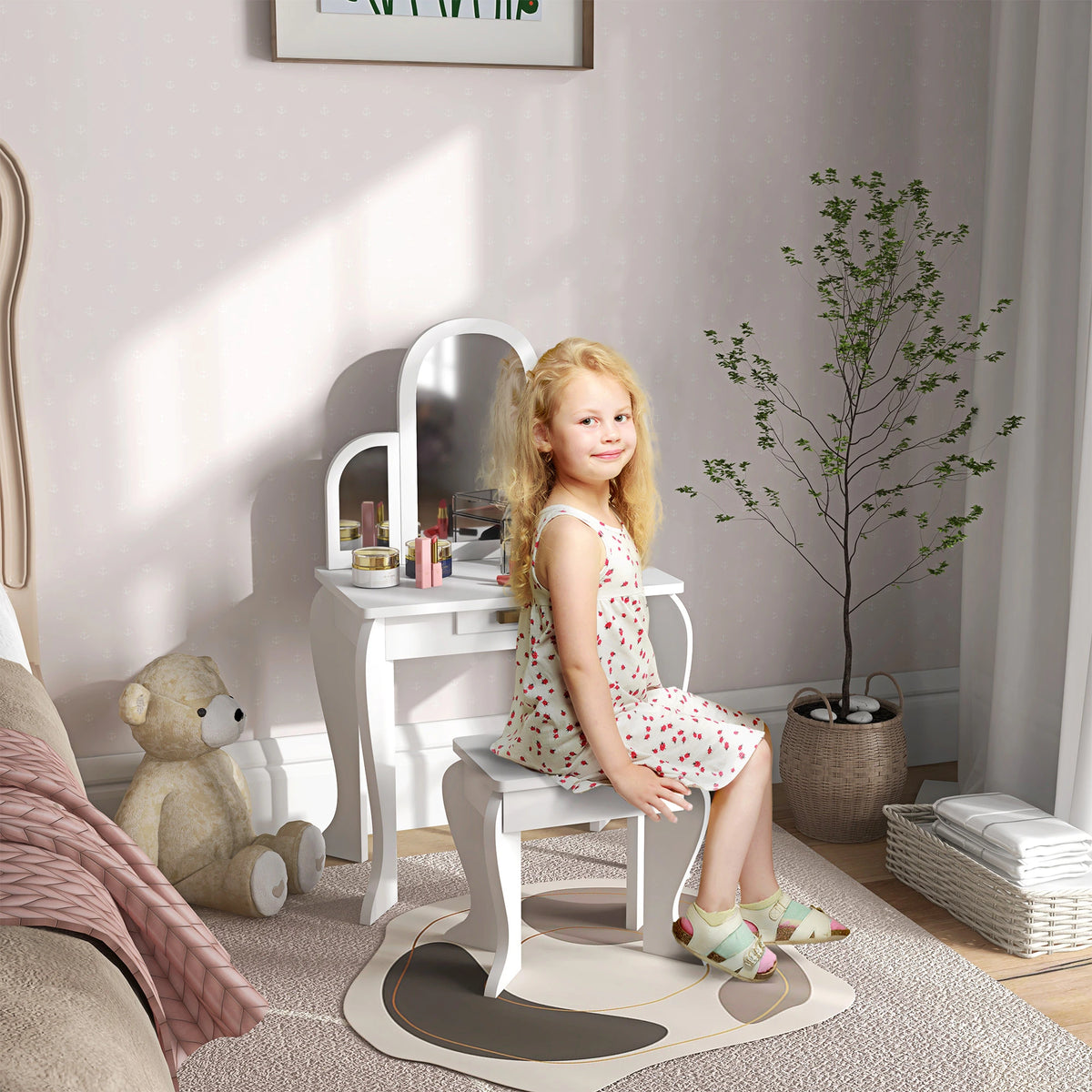 Kids Dressing Table and Chair Set, Makeup Desk with Drawer, White Toy Vanity at Gallery Canada