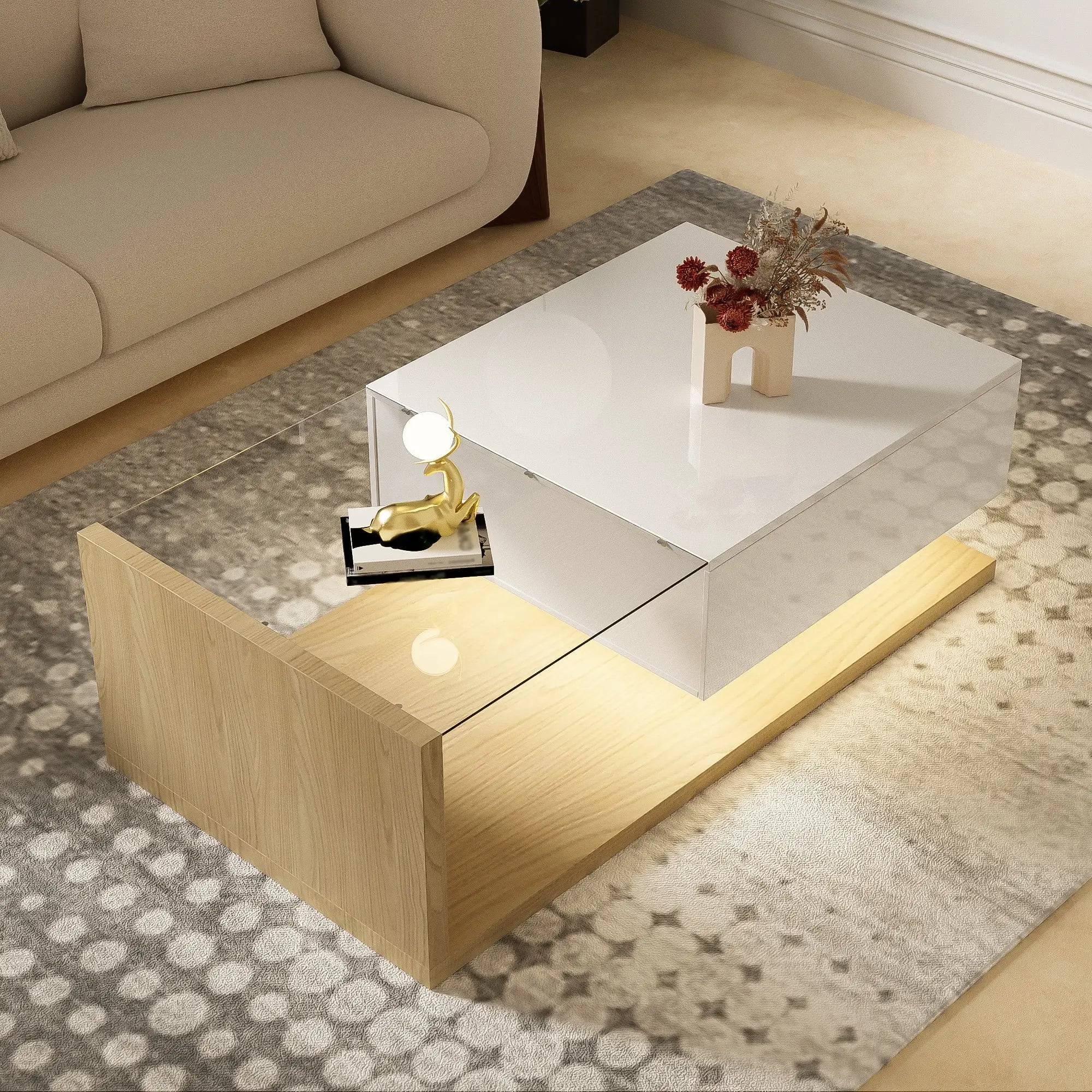 Modern Coffee Table, Glass LED Effect, Storage, 41.5