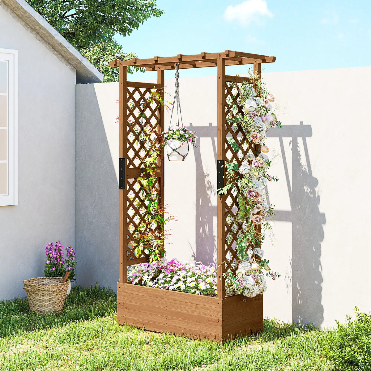 Wooden Raised Garden Bed with Trellis and Hanging Roof, Orange Wooden Planter Boxes at Gallery Canada
