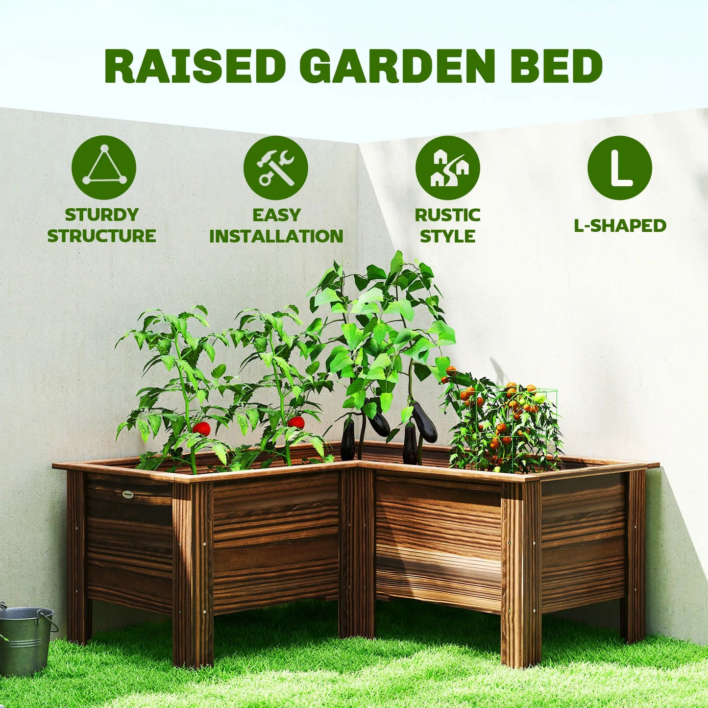 Wooden Raised Garden Bed, L-Shaped, Carbonized, With Legs Wooden Planter Boxes at Gallery Canada