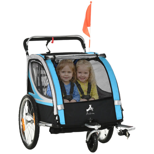 2 Seat Bike Trailer, Double Jogging Stroller, Handbrake, Rubber Wheels, Blue