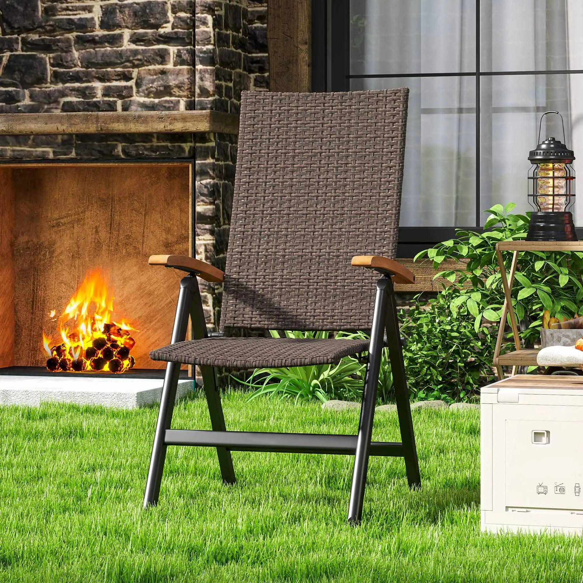 Folding Wicker Patio Dining Chair, 5-Level Reclining, Wooden Armrests, Brown Patio Chairs at Gallery Canada