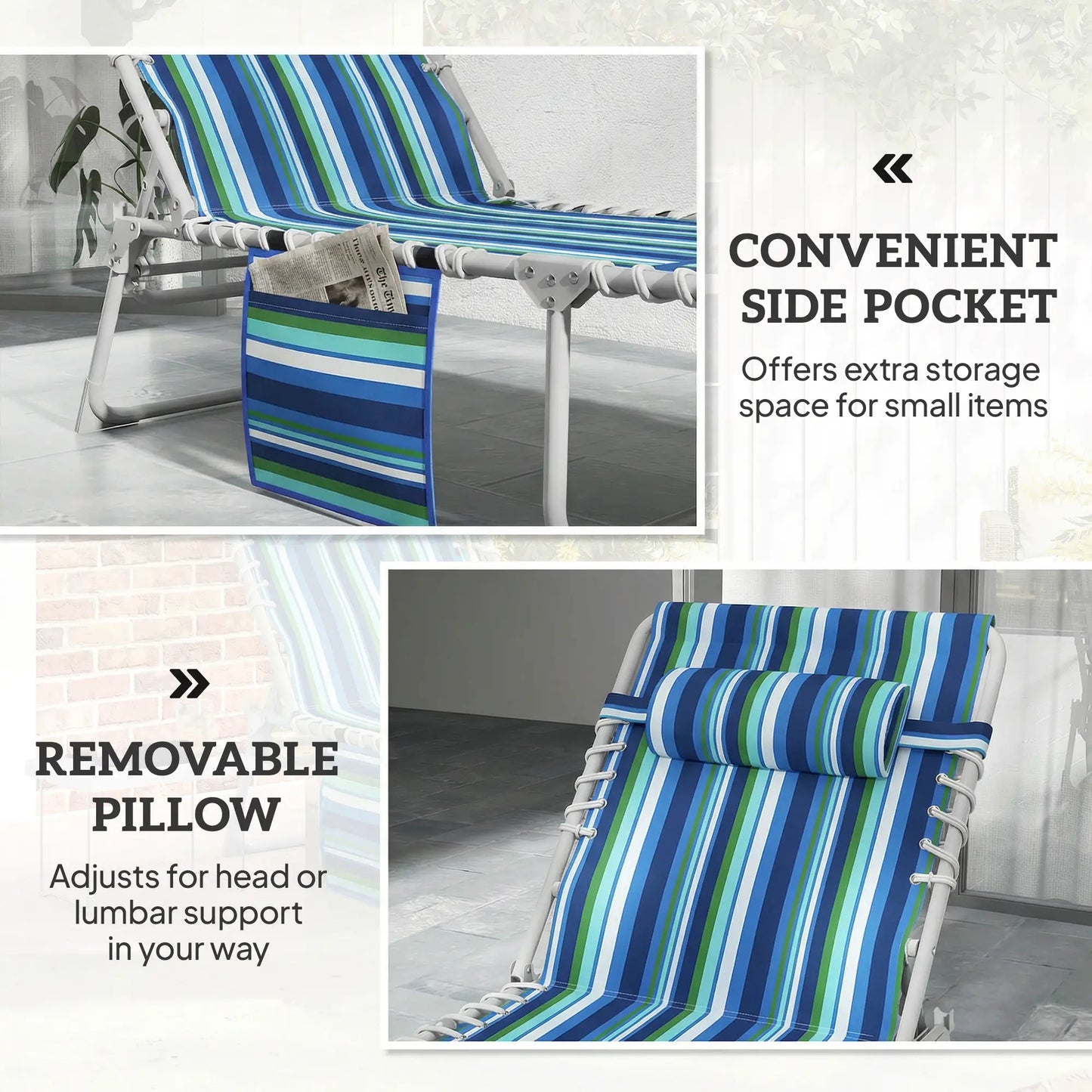 Folding Outdoor Lounge Chair, With Face Hole And Side Table, Blue Stripe Lounger Chairs at Gallery Canada