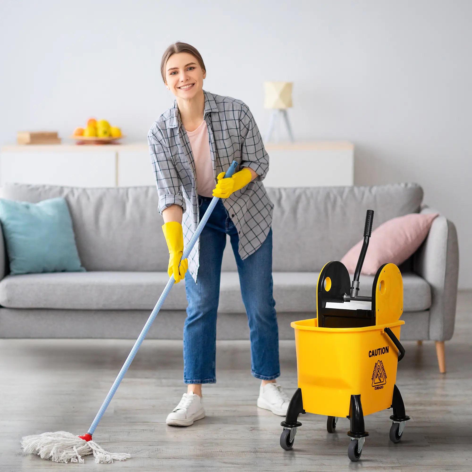 6.9 Gal/26L Mop Bucket With Wringer, Wheels, Handle, Yellow Household Supplies at Gallery Canada