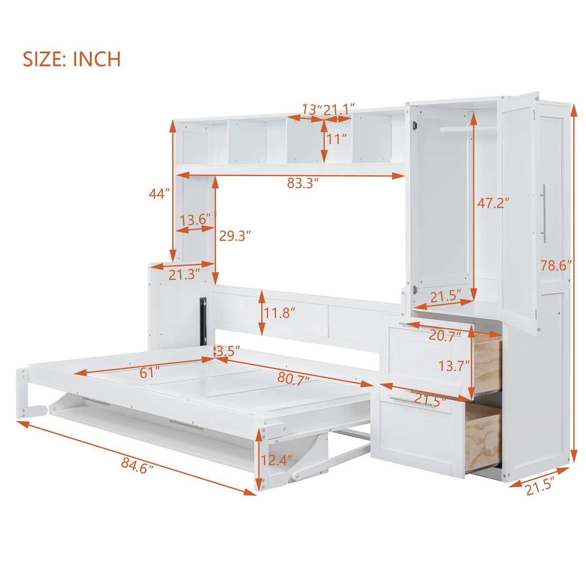 Murphy Bed with Side Flip, Closet, Drawers, 112" L x 21.5" W x 78.5" H, White Bed Frames at Gallery Canada