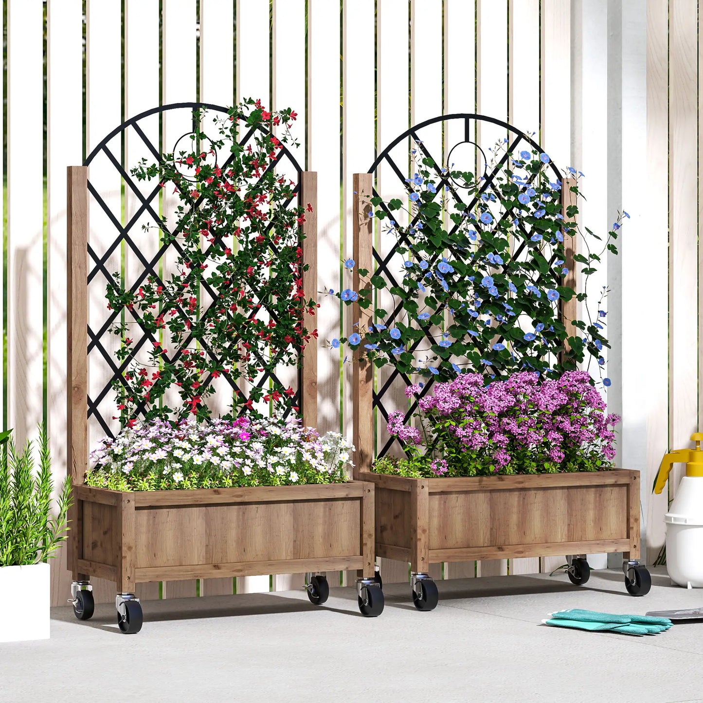 Raised Garden Bed With Metal Trellis, Elevated Planter Box With Wheels, 20.5" x 9.8" x 38.2", Brown Wooden Planter Boxes at Gallery Canada