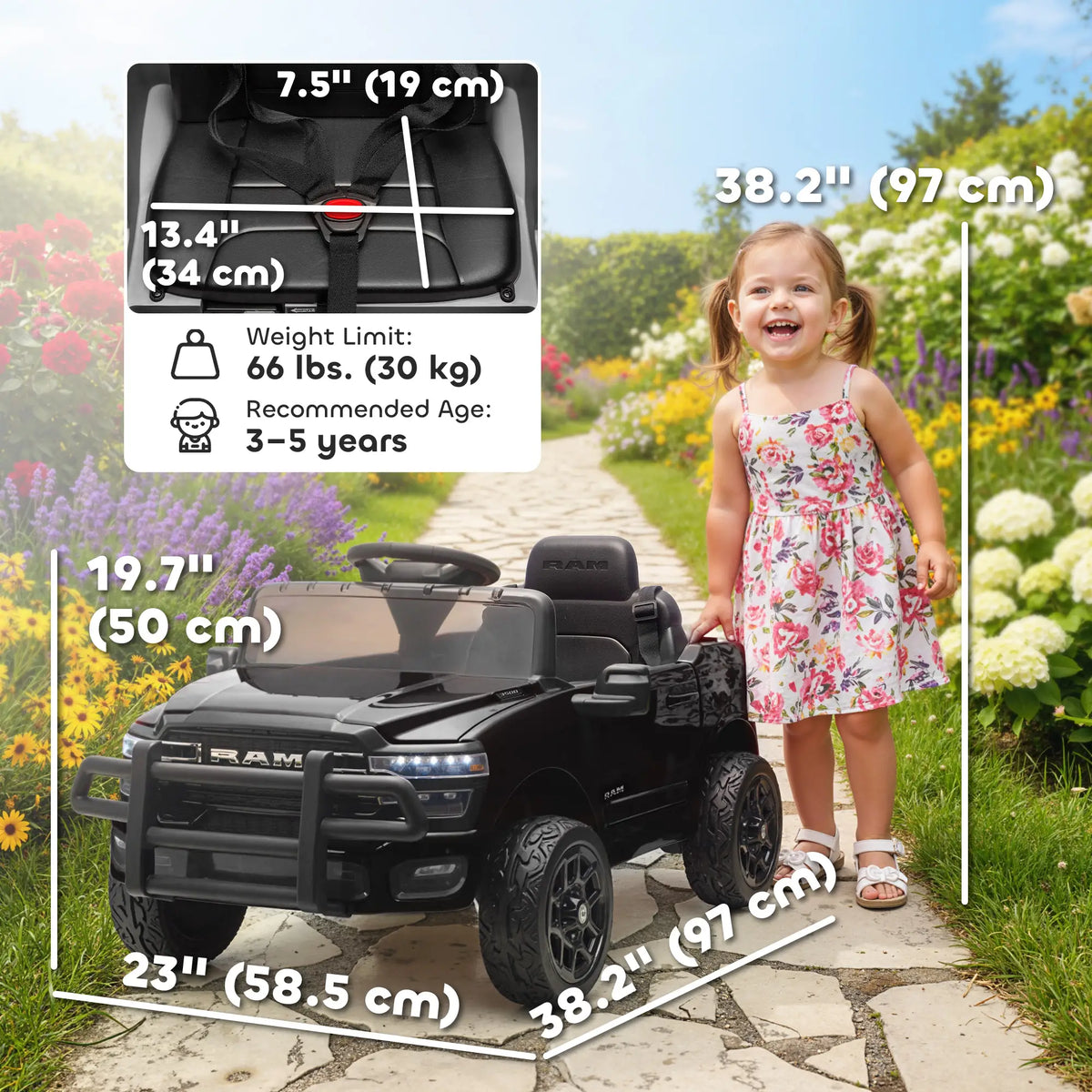 12V Ride On Car, Dodge RAM 3500, Remote Control, Suspension, Black Electric Toy Cars at Gallery Canada