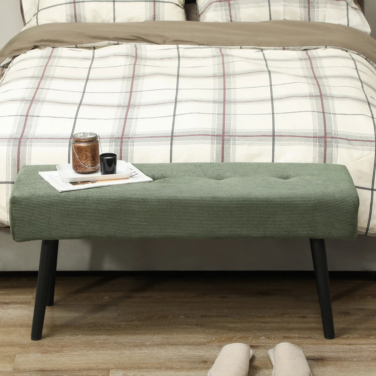 39" Upholstered Ottoman Bench, Corduroy, Padded Seat, Steel Legs, Green Storage Ottomans & Benches at Gallery Canada