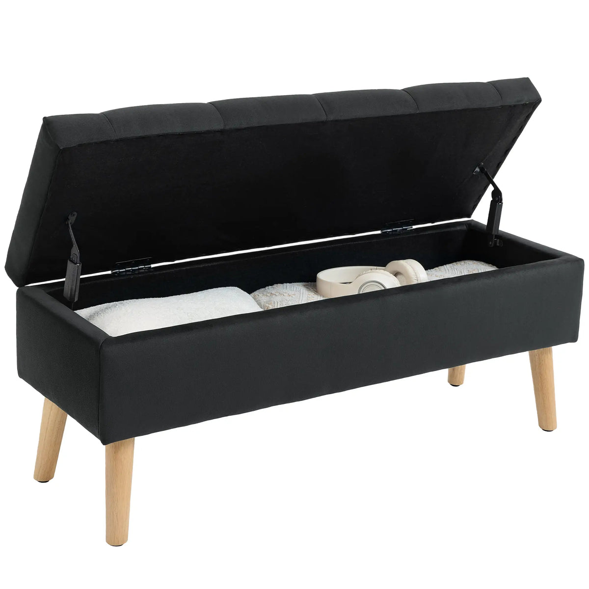 Velvet Storage Ottoman with Lid, Wood Legs, Black Storage Ottomans & Benches at Gallery Canada