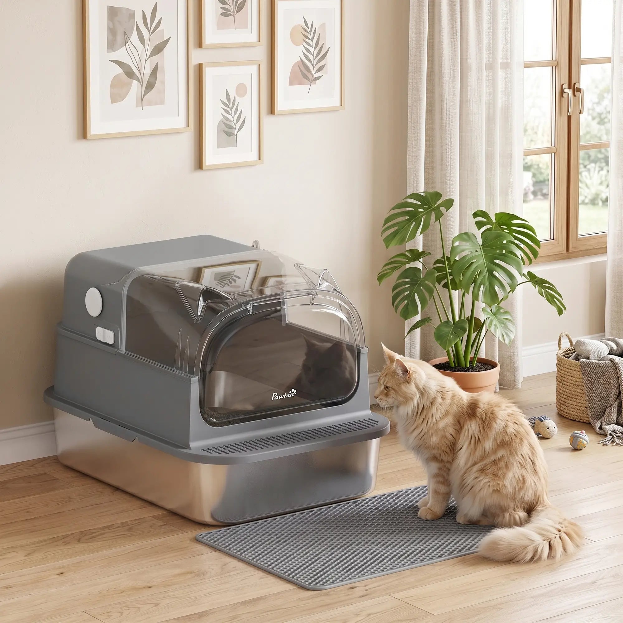 XXL Stainless Steel Cat Litter Box, Flip Lid, Mat, Scoop Cat Litter Box Enclosures at Gallery Canada