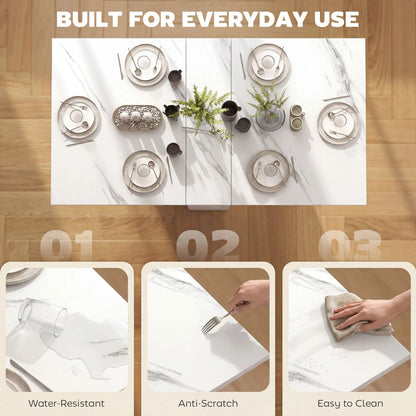 Extendable Dining Table, Marble White, Collapsible With Shelves, White