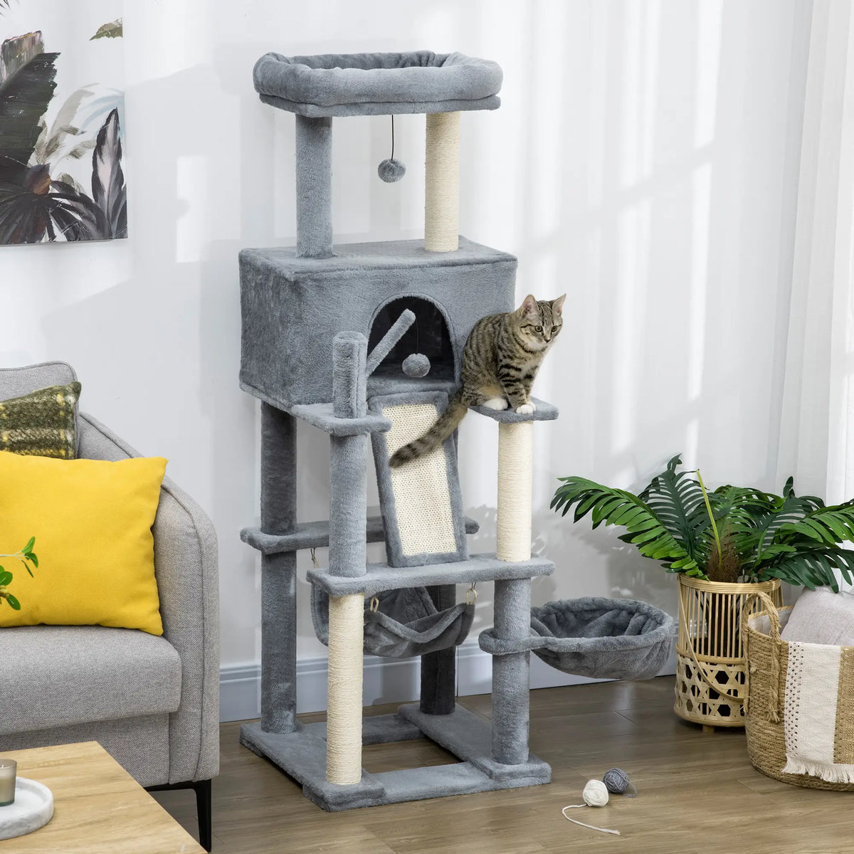 55" Cat Tree, Cat Tower with Bed, Ramp, Hammocks, Toys, Grey Cat Towers at Gallery Canada