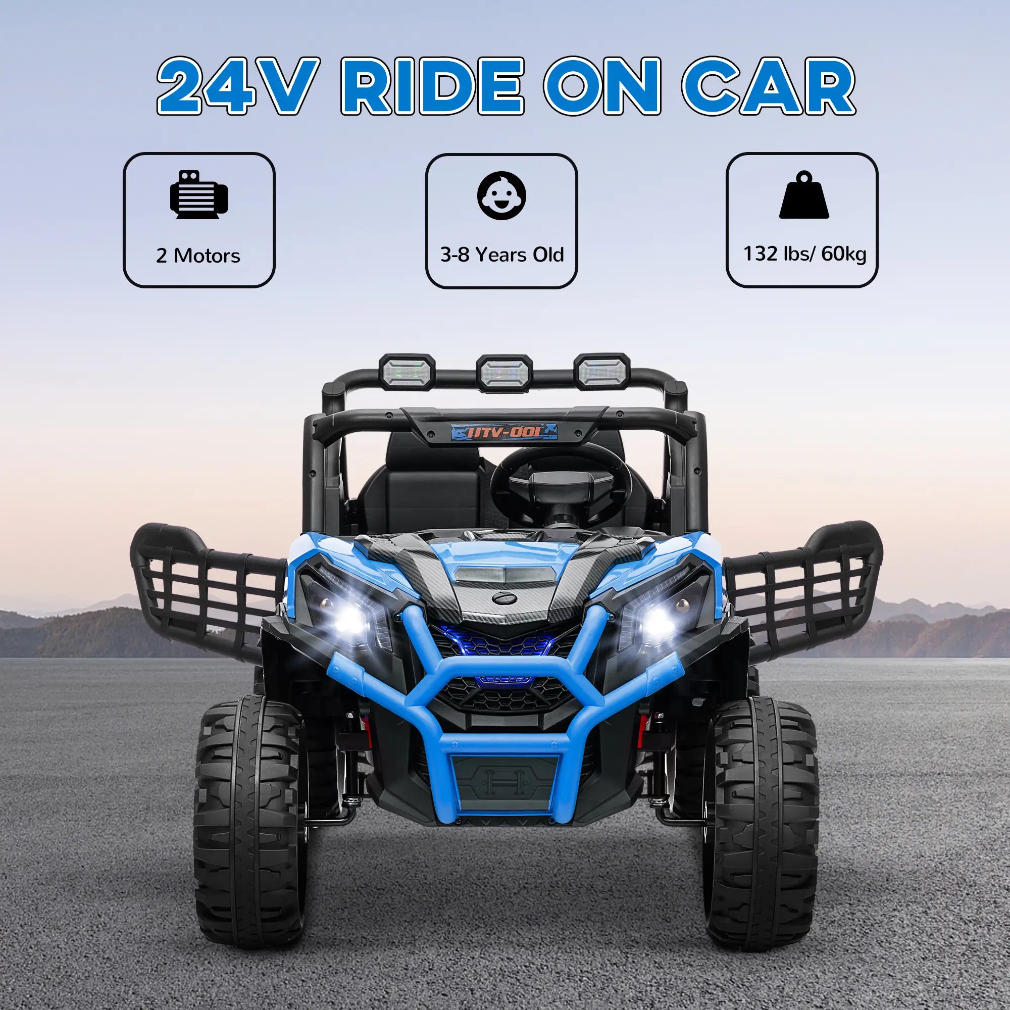 2 Seater 24V Electric Car for Kids, Remote Control, 3 Speed, LED Lights, Music, Horn, Spring Suspension, Blue Electric Toy Cars at Gallery Canada