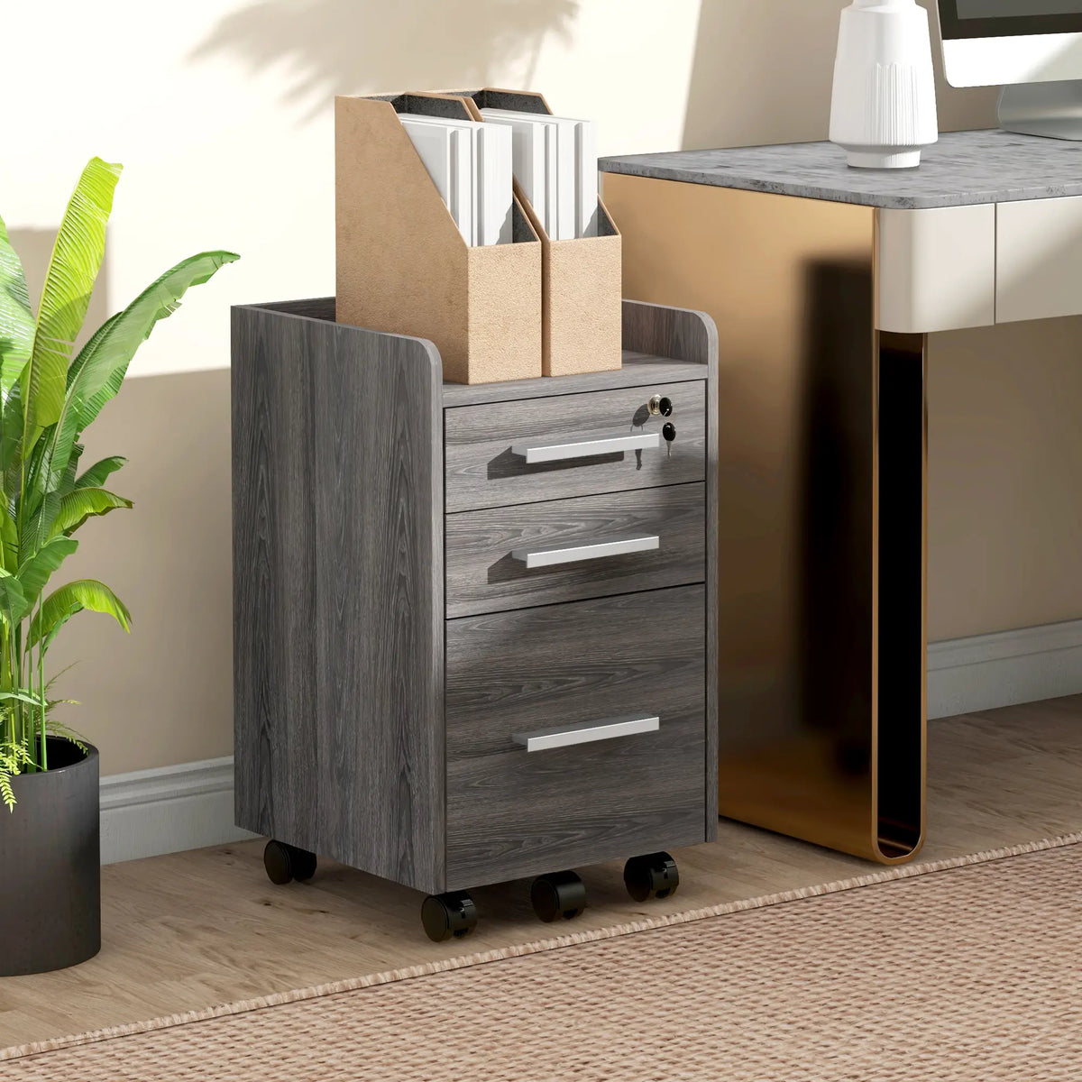 3 Drawer Vertical File Cabinet, Mobile with Lock, Wheels, A4, Letter Size, Grey Office Cabinets & Cupboards at Gallery Canada