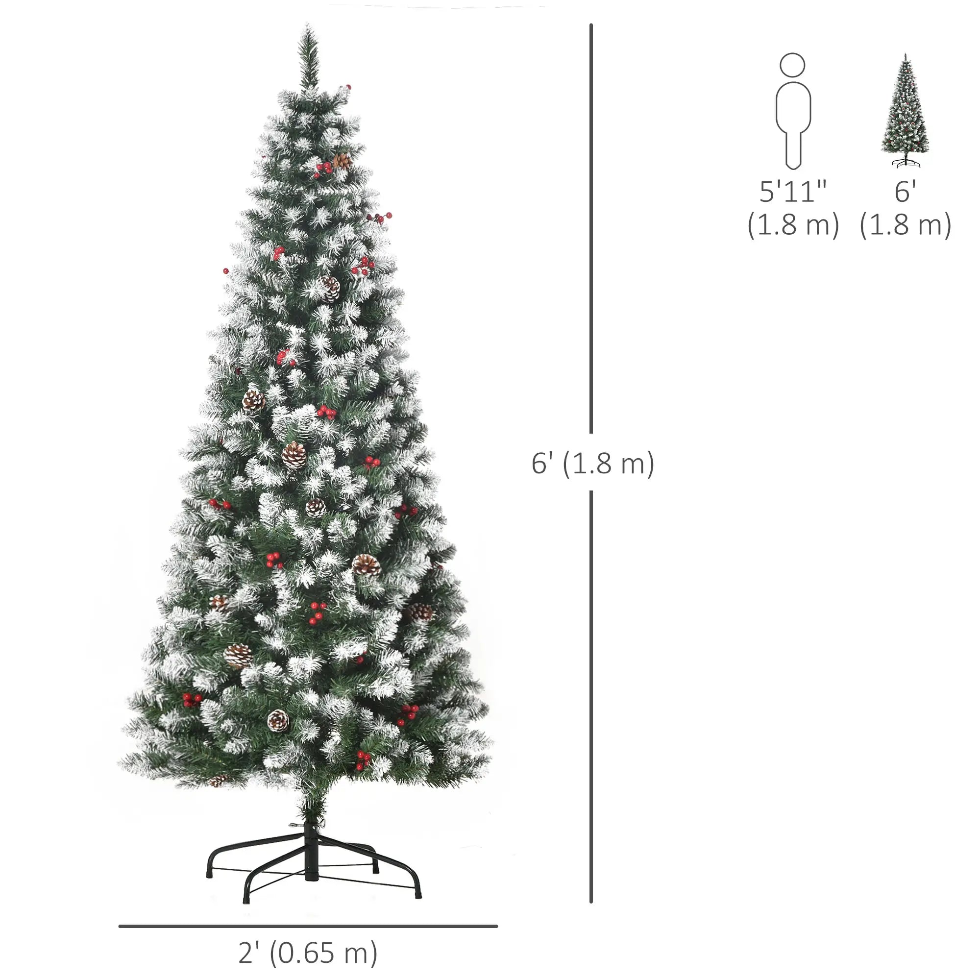 6ft Flocked Christmas Tree, Red Berries Pine Cones, Pencil Shape, Green Flocked Christmas Trees at Gallery Canada