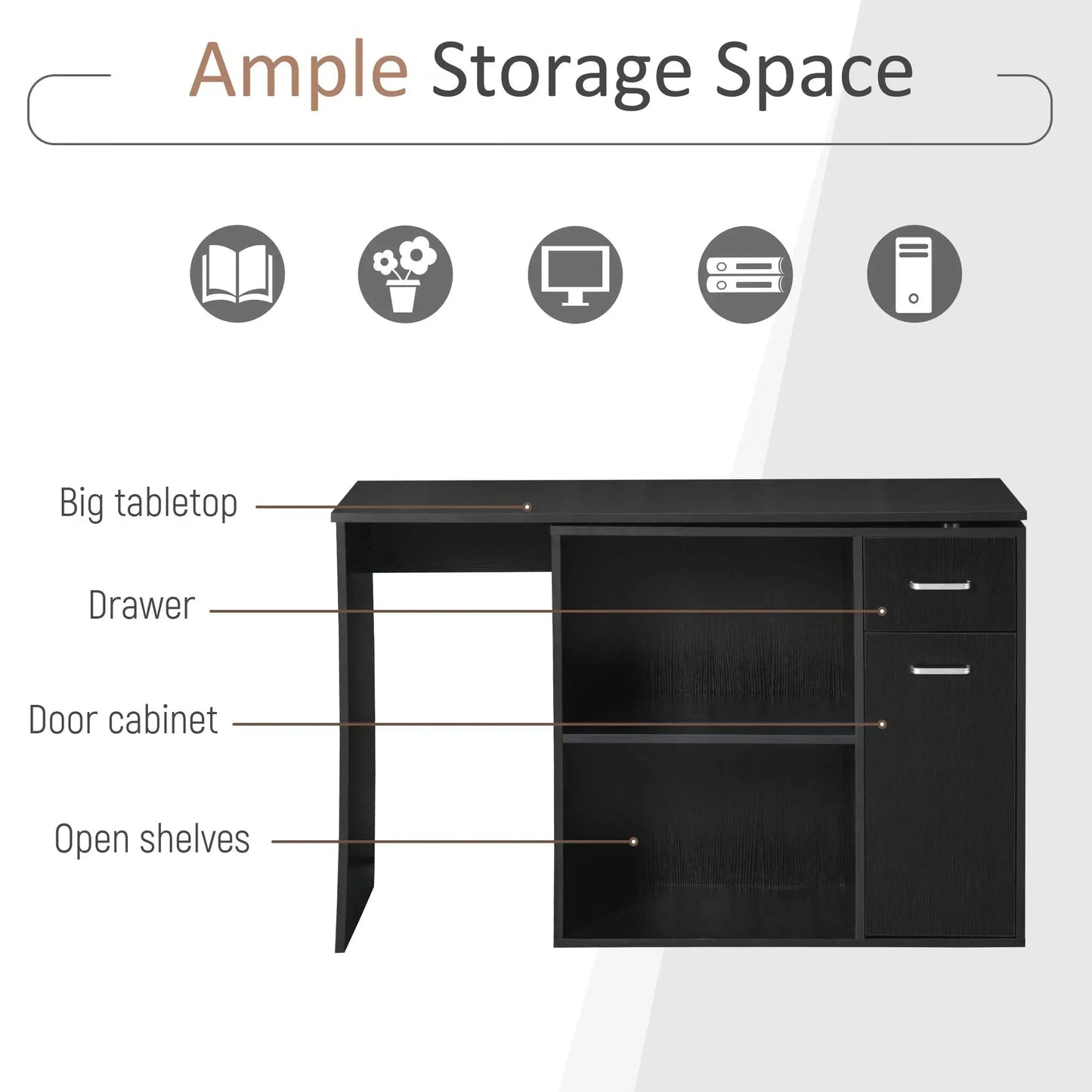 180° Rotating Corner Desk, Storage Shelf Cabinet, Black Writing Desks at Gallery Canada